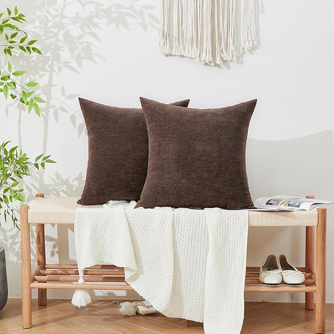 GAWAMAY Decorative Chenille Throw Pillow Covers 26x26 Inch Pack of 2, Soft Square Couch Pillow Cover for Sofa Cushion Living Room Bedroom Solid Dyed Oversized Pillowcases Coffee 66x66cm (ONLY Covers)