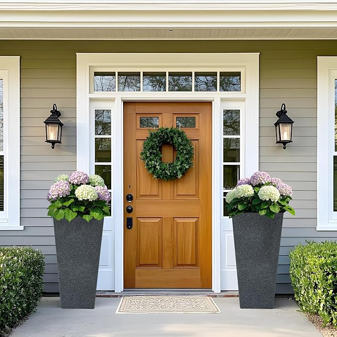 28" Tall V-Shaped Planters Set of 2, Oversized Plastic Flower Pots for Garden Patio Porch or Indoor Home Decor, Weather-Resistant Outdoor Planter Boxes, Hand-Painted Black Terrazzo-Look