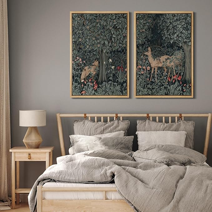 MUDECOR Framed Canvas Print Wall Art Enchanting Forest Wildlife Prints Deer & Fox in Woodland Nature Wilderness Illustrations Realism Decorative for Living Room, Bedroom, Office - 24"x36"x2 Natural