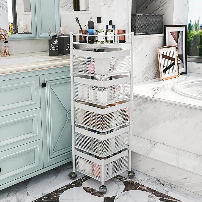 Fruit Basket for Kitchen No Assembly,Rotating Kitchen Storage Rack,Bathroom Shelf, Organizers and Storage Cart on Rolling Wheels，Potato and Onion Storage Organizer(White, 5 Tier-Square)