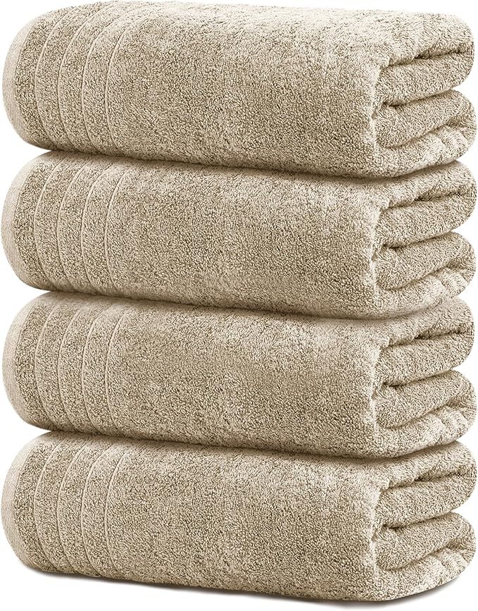 Tens Towels Pack of 4 Extra Large Bath Towels 30 x 60 Inches, 100% Cotton, Larger & Lighter Weight, Quicker to Dry, Super Soft and Absorbent, Perfect for Bathroom, Beige