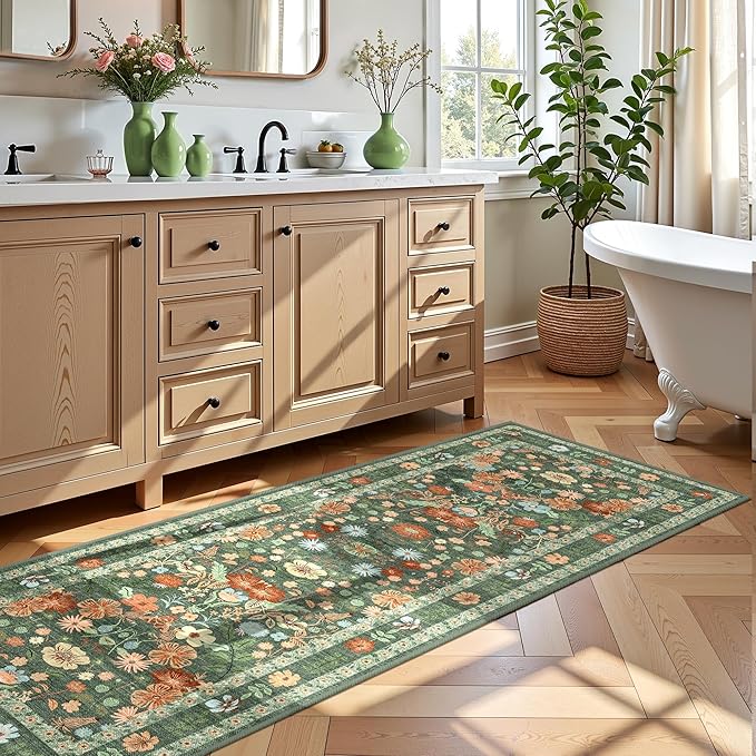 Deerly Green Floral Runner Rug 2x6 for Hallway Vintage Boho Washable Bathroom Kitchen Bedroom Runner Rugs Non-Slip Soft Low Pile Thin Indoor Carpet for Laundry Room Farmhouse Flower, Green/Multi