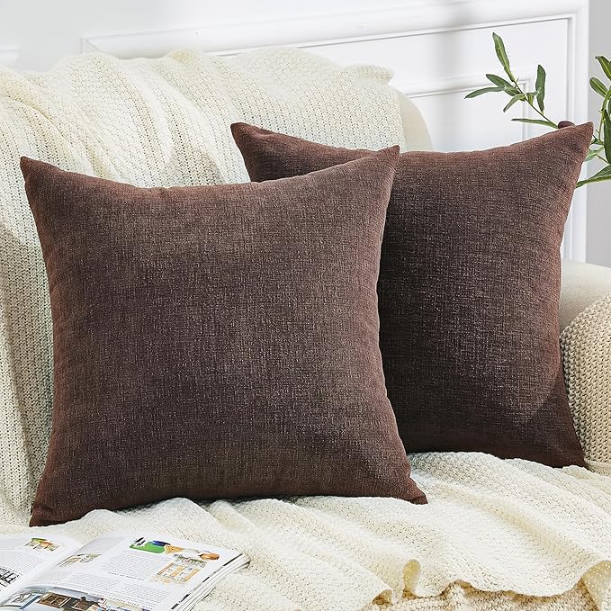GAWAMAY Decorative Chenille Throw Pillow Covers 26x26 Inch Pack of 2, Soft Square Couch Pillow Cover for Sofa Cushion Living Room Bedroom Solid Dyed Oversized Pillowcases Coffee 66x66cm (ONLY Covers)