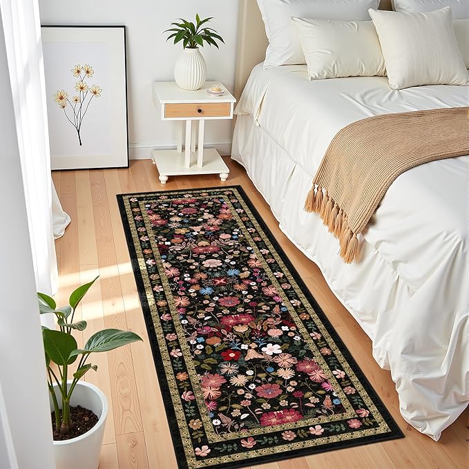 Deerly Runner Rug for Hallways Kitchen Bedroom 2x6 Washable Vintage Boho Bathroom Runner Rugs Non-Slip Soft Low Pile Thin Indoor Carpet Runner for Laundry Room Farmhouse Rug, Black/Multi