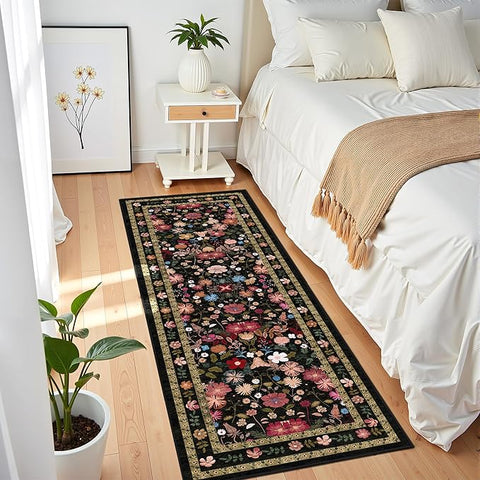 Deerly Runner Rug for Hallways Kitchen Bedroom 2x6 Washable Vintage Boho Bathroom Runner Rugs Non-Slip Soft Low Pile Thin Indoor Carpet Runner for Laundry Room Farmhouse Rug, Black/Multi