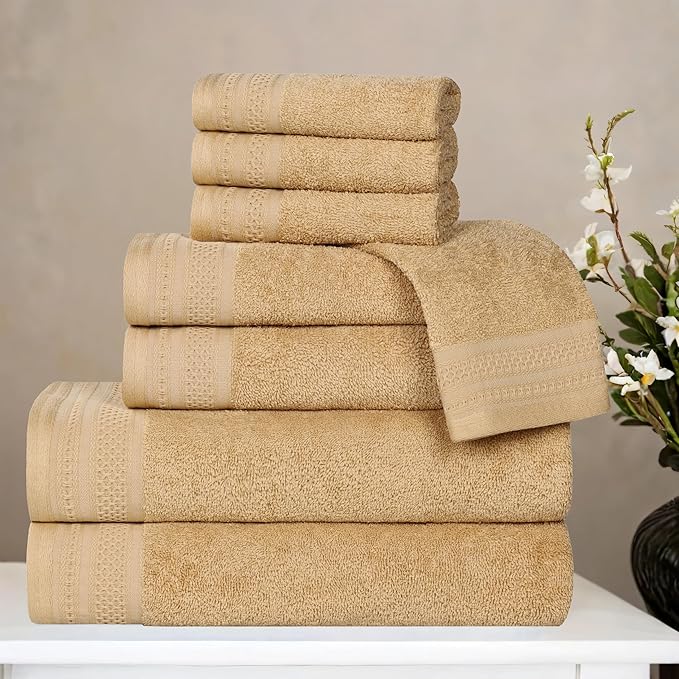 Superior Honeycomb Cotton Medium Weight Towels, for Guest Bath, Master Bathroom, Shower, Quick Dry, Adults, Home Essentials, Textured Waffle Border, Assorted Towel Set, 8 Piece Towel Set, Gold