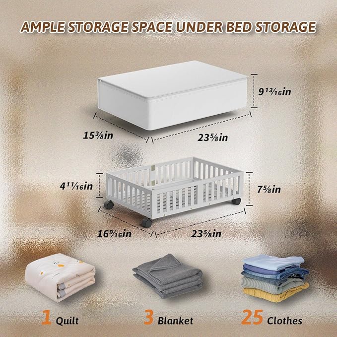 Bamboo Under Bed Storage Containers with Wheels, Rolling Under the Bed Shoe Storage Bins, Wood Stackable Underbed Drawers with Bag Organizer for Bedroom Closet Clothing Sweater Under Crib Toy White