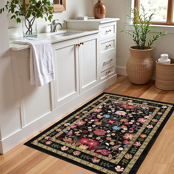Deerly Entryway Rug 2x3 Rug Door Mat Indoor Entrance Black Vintage Boho Floral Rugs Washable Non-Slip Low Pile Throw Rugs Soft Thin Front Indoor Carpet for Kitchen Entryway Farmhouse, Black/Multi