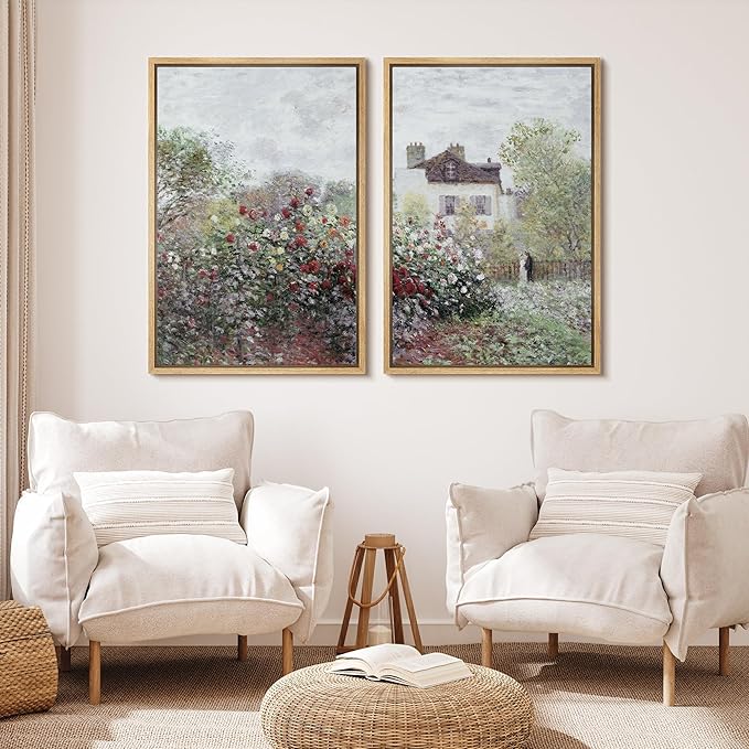 MUDECOR Framed Canvas Print Wall Art Blooming Garden and Cottage Romantic Floral Landscape Nature Wilderness Illustrations Realism Decorative for Living Room, Bedroom, Office - 24"x36"x2 Natural
