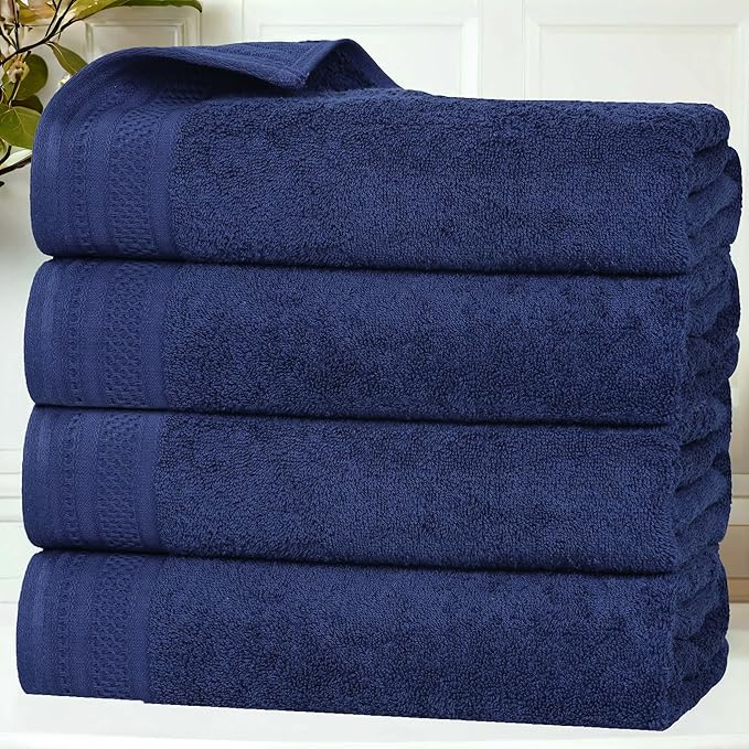 Superior Honeycomb Cotton Medium Weight Towels, for Guest Bath, Master Bathroom, Shower, Quick Dry, Adults, Home Essentials, Textured Waffle Border, Towel Set, Bath Towels, Set of 4, Navy Peony