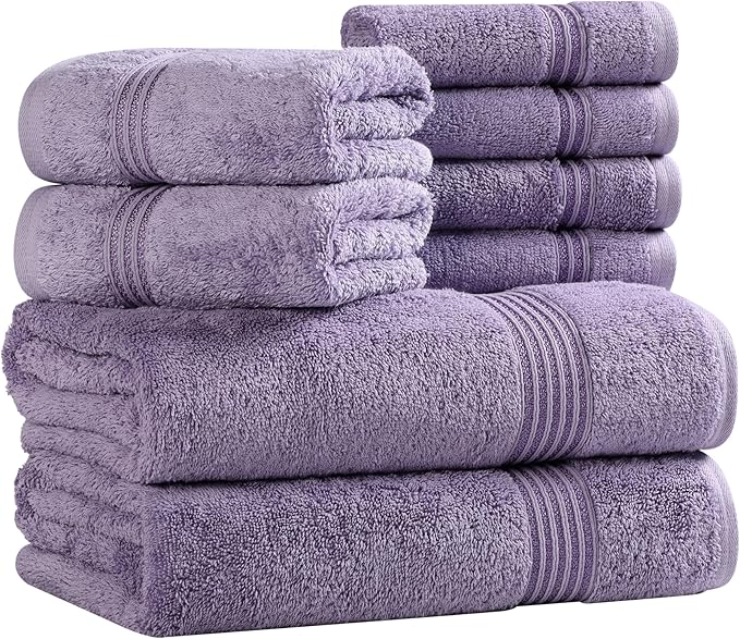 Superior Egyptian Cotton 8-Piece Towel Set, Assorted Towels for Home Bathroom, Guest Bath Decor Essentials, Includes 2 Bath, 4 Hand, 2 Face Towels/Washcloths, Quick Dry, Absorbent, Royal Purple
