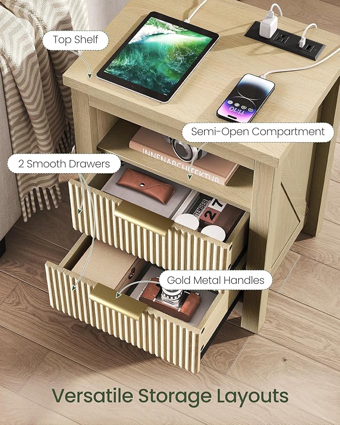 Fluted Nightstand, End Table with Charging Station and 2 Drawers, Farmhouse Nightstands with Fluted Panel, Engineered Wood Side Table for Bedroom Sunwashed Ash Oak MBZ06USO