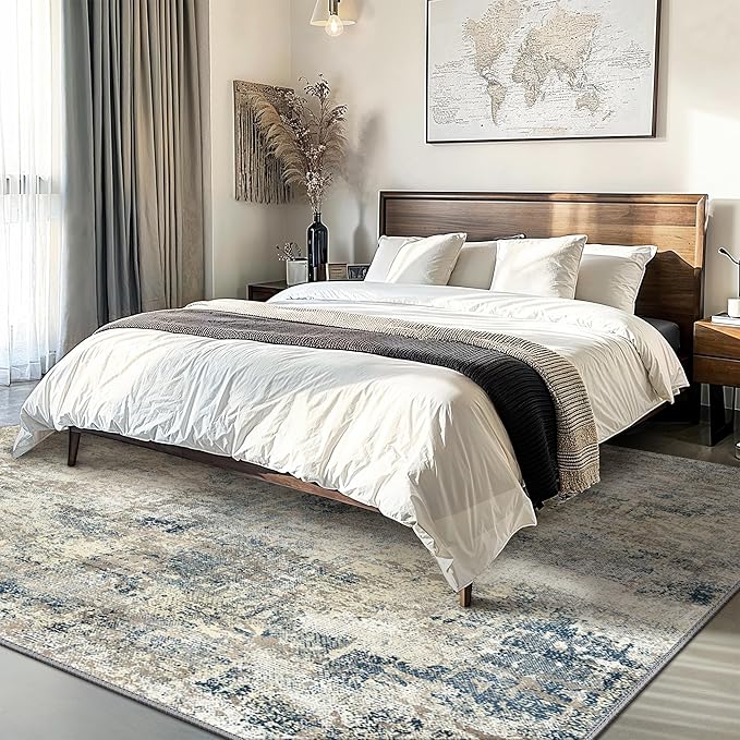 GENIMO Washable Area Rugs for Living Room Bedroom, 10x14 Modern Abstract Non Slip Rug, Low Pile Soft Contemporary Indoor Floor Carpet Cover for Dinning Room Kitchen, Light Gray Blue