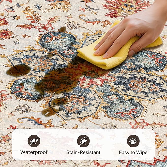 GENIMO 2X5 Runner Rugs for Entryway,Machine Washable Vintage Floor Cover Foldable Modern Non Slip Rug, Low Pile Soft Carpet Floral Print Mat for Indoor Entryway/Bathroom/Kitchen/Carpet,Sky Blue