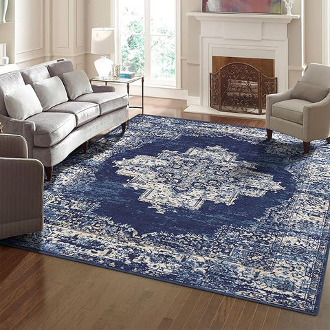 vivorug 9x12 Area Rugs for Living Room, Non Slip Machine Washable Vintage Navy Blue Rug, Ultra-Thin Lightweight Large Area Rug for Bedroom, Dining Room, Low Pile Rug