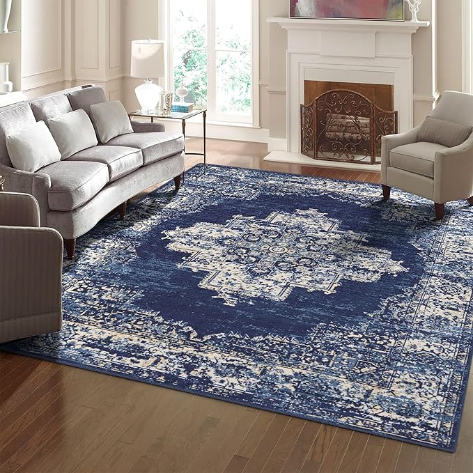 vivorug 8x10 Area Rugs for Living Room, Non-Slip Backing Washable Rug 8x10, Large Area Rug Soft Carpet for Bedroom Dining Room, Vintage, Easy Clean, Durable, Low Pile Rug Under Table, Navy Blue