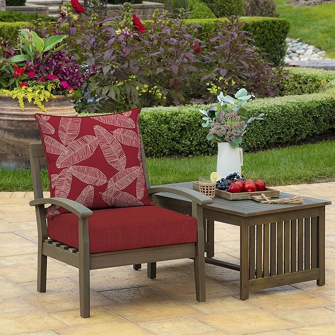 Arden Outdoor Deep Seat Cushion Set, 24 in x 24 in, Weather-Proof, Rain-Proof, Fade Resistant Patio Cushion for Chair, Sofa, and Couch Red Leaf Palm