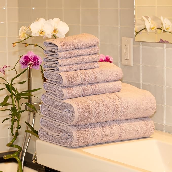 Mosobam Luxury Turkish 8pc XL Towel Set 35X70 16X30 13X13 Lavender Aura 700 GSM Bamboo Viscose & Aegean Turkish Combed Cotton