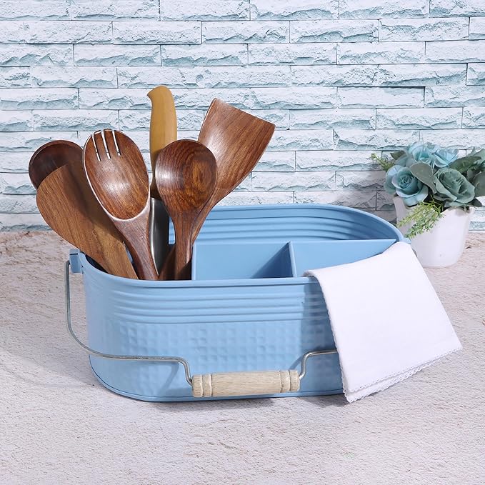 Alpha Living Home Galvanized Utensil Holder with Handle - 4 Compartment Silverware Caddy,Flatware Organizer for Kitchen, Countertop, Dining Table, BBQ, Picnic, Party, Farmhouse, Décor (Blue)