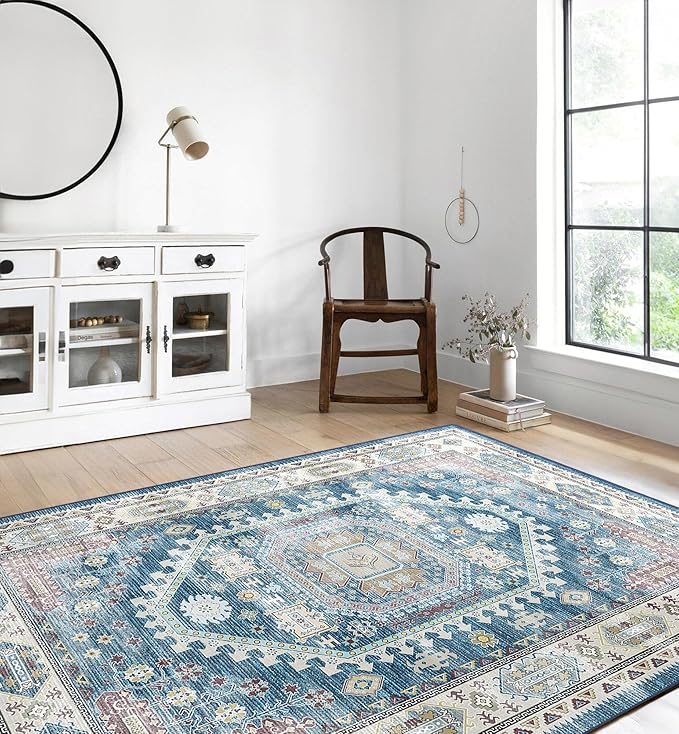 vivorug 9x12 Area Rugs for Living Room, Non Slip Machine Washable Vintage Rug, Ultra-Thin Lightweight Large Area Rug for Bedroom, Dining Room, Low Pile Blue