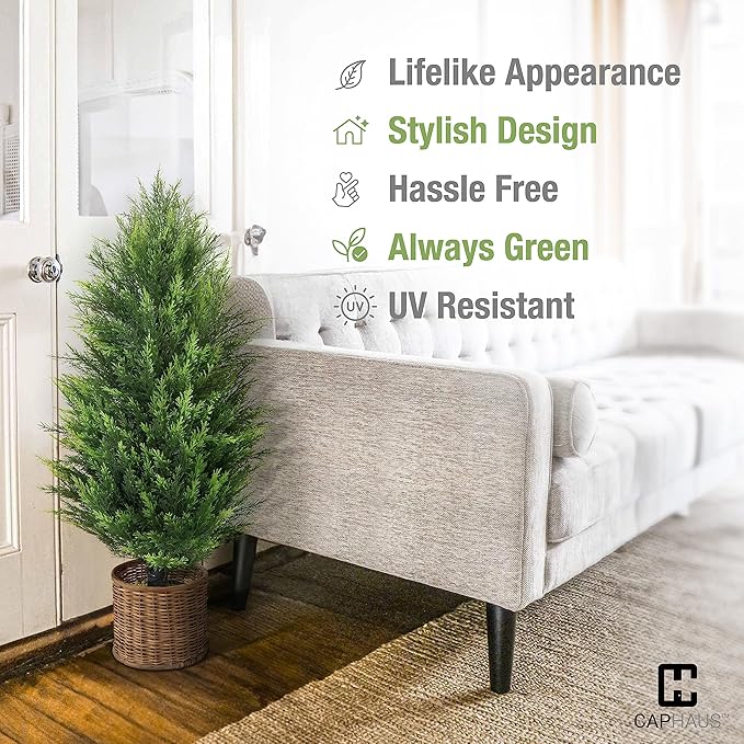 CAPHAUS 5 FT Artificial Cedar Tree Set of 2-60 Inch UV Resistant Faux Topiary Trees with Dried Moss for Indoor/Outdoor | Porch, Patio & Garden Decor
