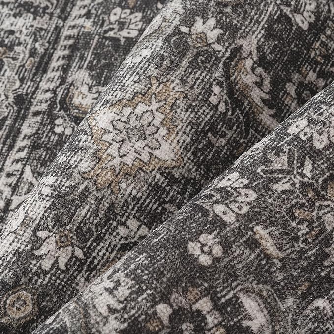 10x14 Washable Area Rug Black Vintage Distressed Living Room Bedroom Large Throw Rug Non Slip Low Pile Soft Accent Indoor Floor Carpet for Dining Room Office Entryway Kitchen