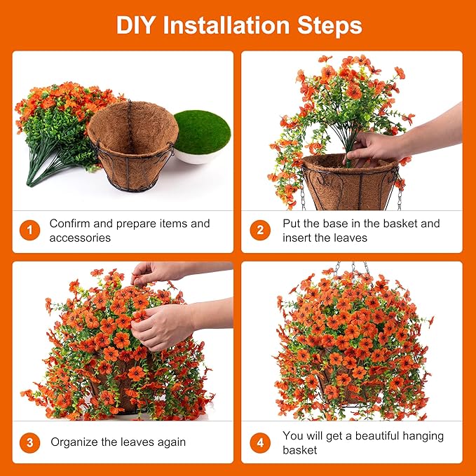 Artificial Fake Fall Hanging Flowers Plants with Basket for Outdoor Decor, Fake Mums Autumn Plants No Fade Plastic Faux Silk Daisy Flowers Fall Decoration for Farmhouse Home Garden Porch Patio(Orange)
