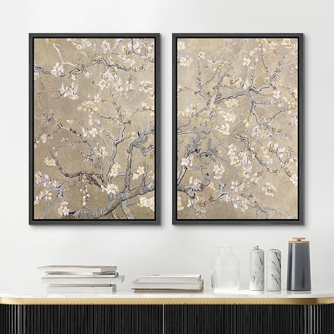 MUDECOR Framed Canvas Print Wall Art Blossoming Almond Tree Elegant Floral Illustrations Modern Art Decorative Bohemian Calm/Zen for Living Room, Bedroom, Office - 24"x36"x2 Black