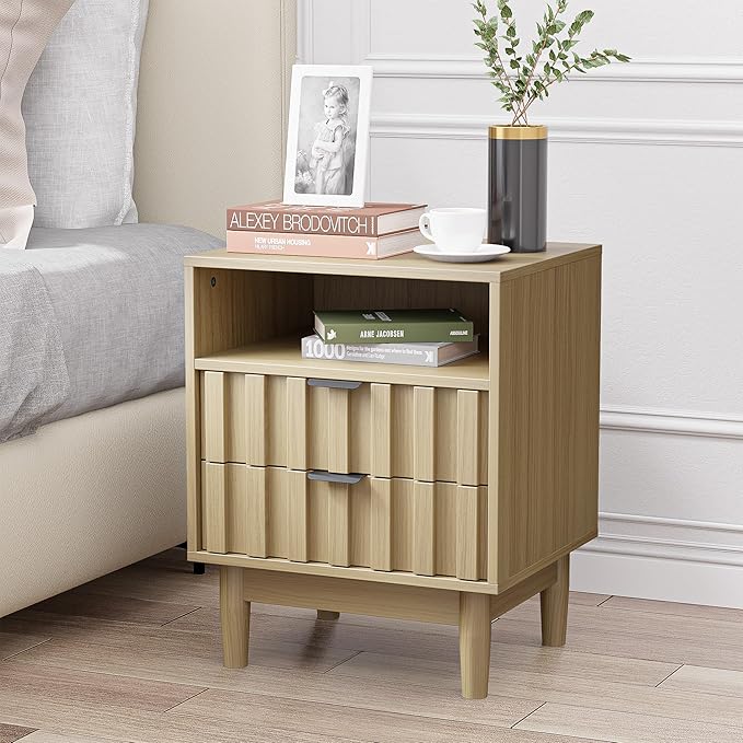 Fluted Nightstand Set of 2 with 2 Drawers, 19" Wide Night Stand with Solid Wood Legs, Open Storage Shelf, Mid Century Modern Wooden Bedside Table for Bedroom, Bed End Side Table, Oak
