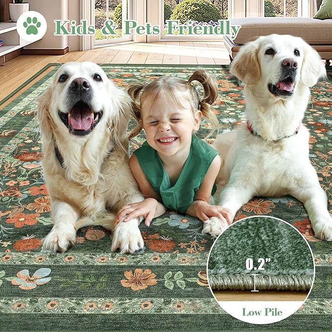 Deerly Green Floral Washable Area Rugs 9x12 for Living Room Large Vintage Boho Non-Slip Bedroom Carpet Soft Low Pile Thin Floor Mat Indoor for Dining Room Playroom Nursery Farmhouse, Green/Multi