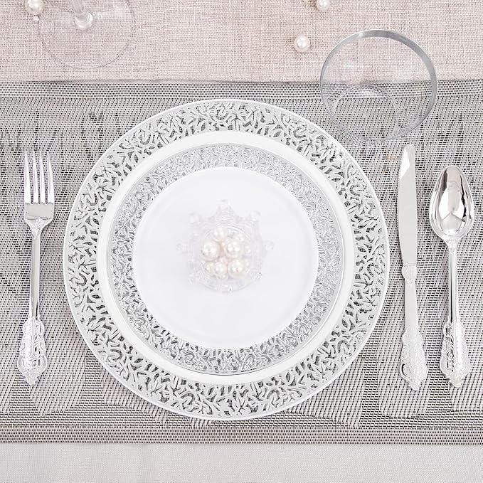 DaYammi 210PCS Silver Plastic Dinnerware Set, Silver Disposable Plates, Includes:30 Dinner Plates,30 Salad Plates,30 Cups 9 OZ and 30 Pre Rolled Napkins with Cutlery Heavy Duty for Party