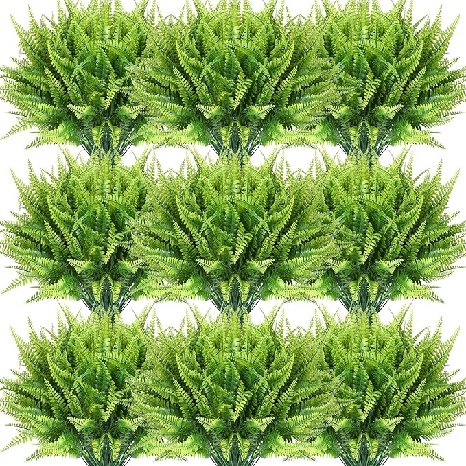Zeyune 56 Bundles Artificial Plants Outdoors Fake Boston Fern Shrubs UV Resistant Faux Plastic Greenery Shrubs for Outdoor Indoor Garden Porch Window Hanging Planter Decor