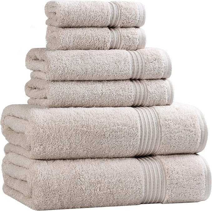 Superior Egyptian Cotton 6-Piece Towel Set, Assorted Towels for Home Bathroom, Master, Guest Bath, Decor Essentials, Includes 2 Bath, 2 Hand, 2 Face Towels/Washcloths, Quick Dry, Absorbent, Stone