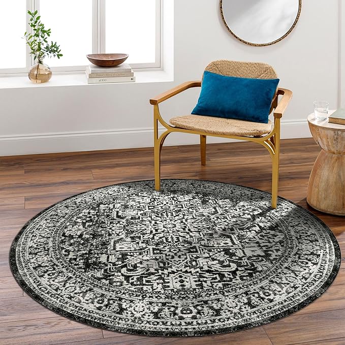 vivorug Round Rug 6ft Vintage-Inspired Round Area Rug Non-Slip Indoor Carpet for Living Room Bedroom Entryway, Stain Resistant Home Decor Circle Rug, Black and White