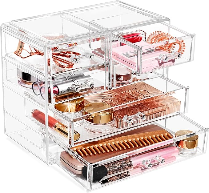 Sorbus Clear Makeup Organizer Display - Stylish Organization and Storage Case for Cosmetics, Jewelry & Hair Accessories - Space Saving Makeup Organizer for Vanity & Bathroom (2 Large, 4 Small Drawers)