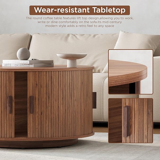Round Coffee Table with Storage,31.5" Drum Coffee Table with Sliding Tambour Door,Mid Century Modern Coffee Table with Sliding Cabinet Door for Living Room Walnut Brown