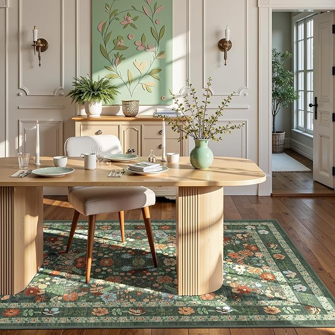 Green Floral Area Rugs 4x6 Washable Living Room Bedroom Carpet - Vintage Boho Thin Non-Slip Soft Low Pile Floor Mat Indoor Home Decor for Dining Room Playroom Farmhouse, Green/Multi