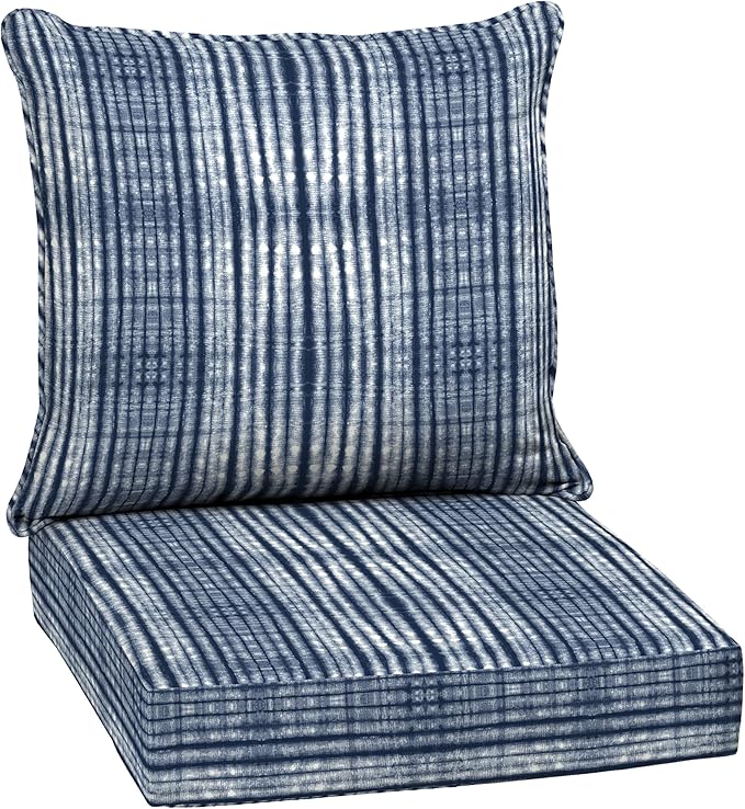 Arden Outdoor Deep Seat Cushion Set, 24 in x 24 in, Weather-Proof, Rain-Proof, Fade Resistant Patio Cushion for Chair, Sofa, and Couch Blue Shibori Stripe