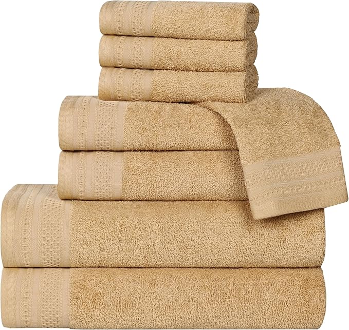 Superior Honeycomb Cotton Medium Weight Towels, for Guest Bath, Master Bathroom, Shower, Quick Dry, Adults, Home Essentials, Textured Waffle Border, Assorted Towel Set, 8 Piece Towel Set, Gold