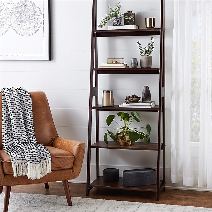 Amazon Basics Ladder Bookshelf Organizer, Solid Rubberwood Frame, Espresso Finish, 5 Shelves, 14" D x 24.8" W x 70.1" H