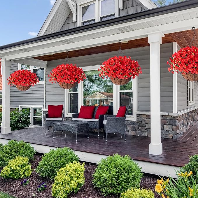 Artificial Fake Hanging Flowers Plants in Basket for Outdoor Decoration, 12 Pcs Faux Morning Glory in Planter Realistic UV Resistant Silk Flowers for Home Porch Patio Balcony Yard Outside, Red