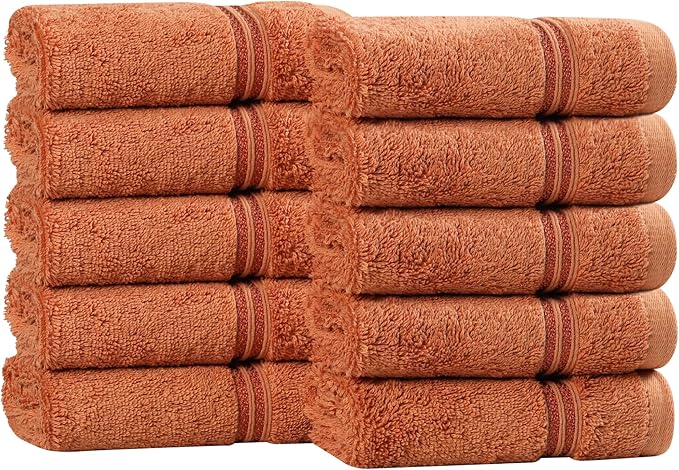 Superior Egyptian Cotton Face Towel/Washcloth Set, Small Towels for Home Bathroom, Master Bath, Decor Essentials, Quick Dry, Absorbent, Spa, Hotel, Resort, Adult, Kids, Set of 10, Caramel Brown