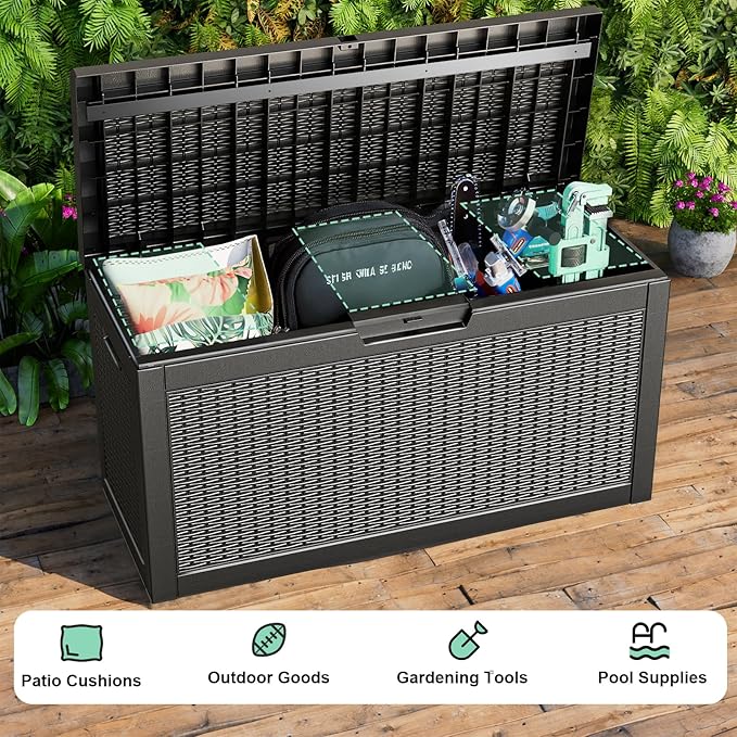 60 Gallon Deck Box,Resin Outdoor Storage Box with Lockable for Patio Furniture, Pool Accessories, Garden Tools, Waterproof Outside Storage Box, Black Pattern