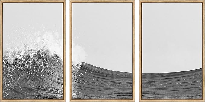 SIGNWIN 3 Piece Framed Canvas Wall Art Black and White Ocean Waves Nature Wilderness Illustrations Abstract Traditional Relax/Calm Home Artwork Decoration for Living Room,Bedroom - 16"x24"x3 Natural