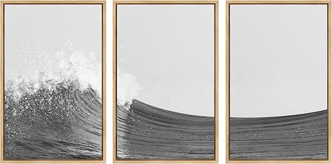 SIGNWIN 3 Piece Framed Canvas Wall Art Black and White Ocean Waves Nature Wilderness Illustrations Abstract Traditional Relax/Calm Home Artwork Decoration for Living Room,Bedroom - 16"x24"x3 Natural
