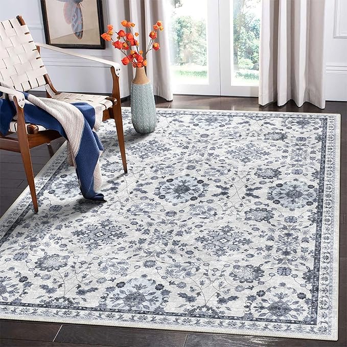 vivorug 4x6 Rug, Stain Resistant Washable Rug for Living Room, Floral Area Rug Vintage Inspired (Ivory/Blue, 4'x6')