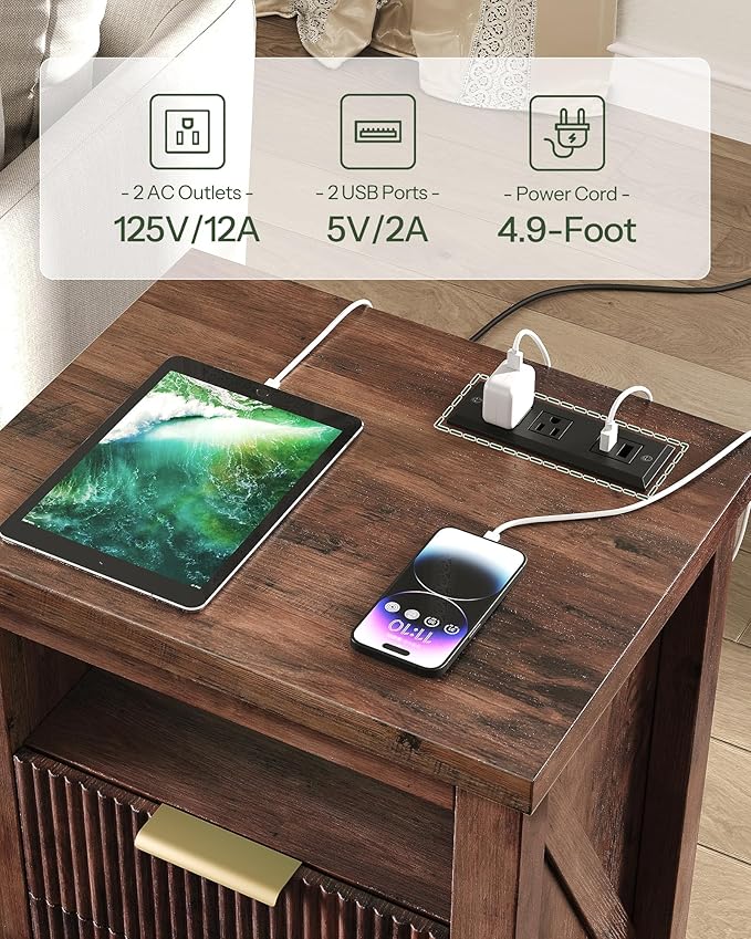 Fluted Nightstand, End Table with Charging Station and 2 Drawers, Farmhouse Nightstands with Fluted Panel, Engineered Wood Side Table for Bedroom Walnut MBZ06UHT