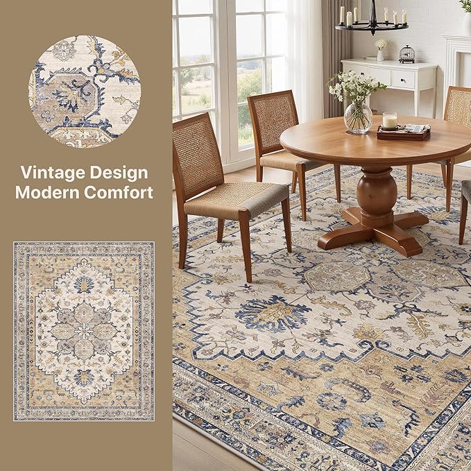 GENIMO 8X10 Area Rugs for Living Room, Machine Washable Vintage Floor Cover Foldable Modern Non Slip Rug， Low Pile Soft Indoor Carpet Floral Print Mat Rug,Bedroom/Dining Room/Home Office,Beige