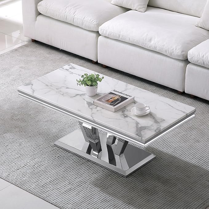 SSLine Rectangular Faux Marble Coffee Table for Living Room Modern Luxury White Marble Center Table with Silver Diamond Base 46.8" Mid-Century Cocktail Table with Mirrored Stainless Steel Frame