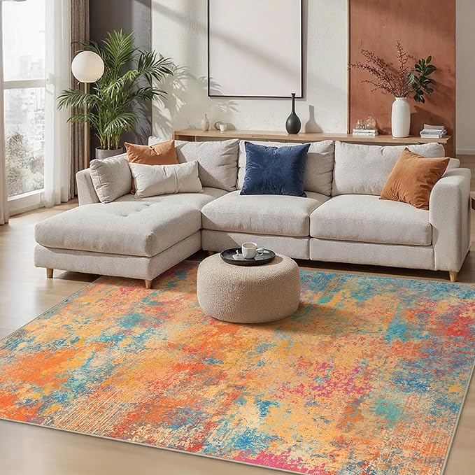GENIMO 8x10 Washable Area Rugs for Living Room Bedroom, Modern Abstract Low Pile Soft Non Slip Rug, Contemporary Indoor Floor Carpet Cover for Dining Room Kitchen, Coral Orange